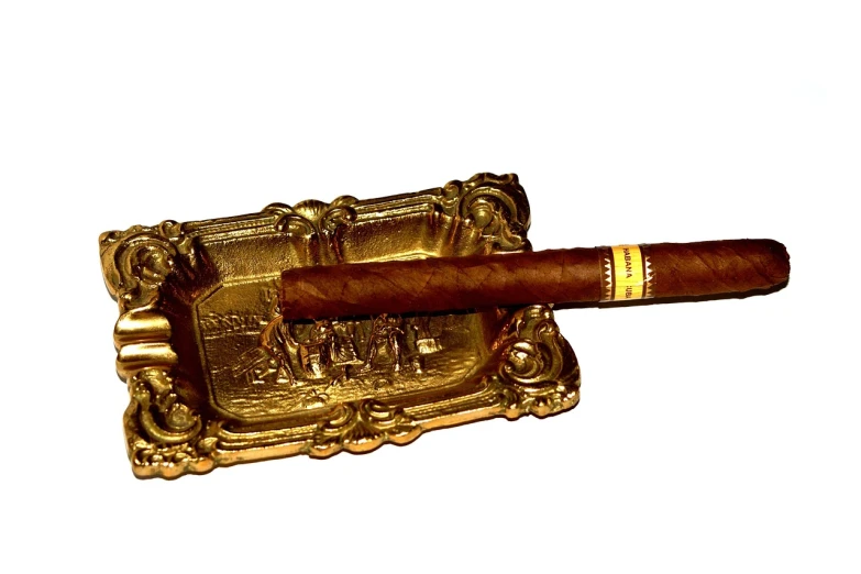 a cigar holder with a cigar in it, inspired by Lefevre James Cranstone, pixabay, baroque, on a reflective gold plate, catalog photo, single long stick, four legged