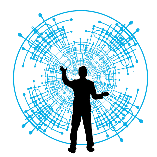 a silhouette of a person standing in a circle, a hologram, by Robert Jacobsen, pixabay contest winner, ascii art, holding electricity, illuminated blue neon lines, large hadron collider, black and cyan color scheme