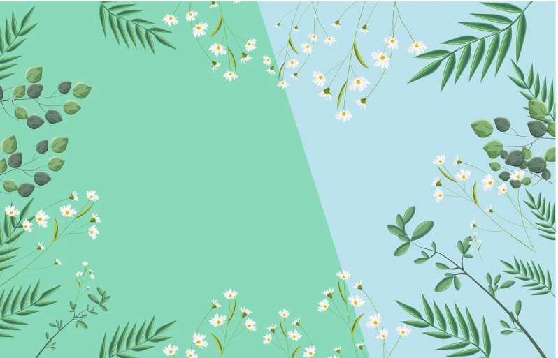 a picture of flowers and leaves on a blue and green background, vector art, minimalism, background is white and blank, poster ; summer, white background and fill, middle shot