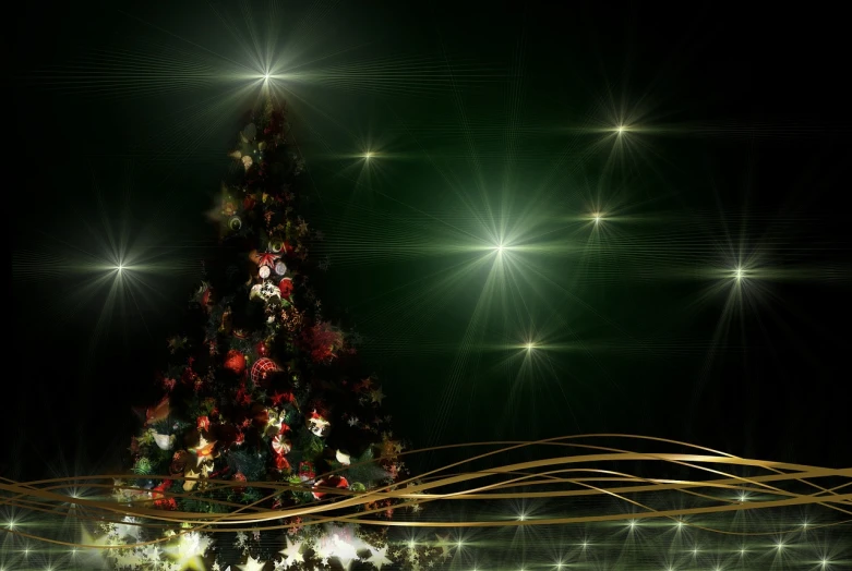 a christmas tree is lit up in the dark, a digital rendering, pixabay, digital art, [[fantasy]], standing under a beam of light, gold and green, family photo