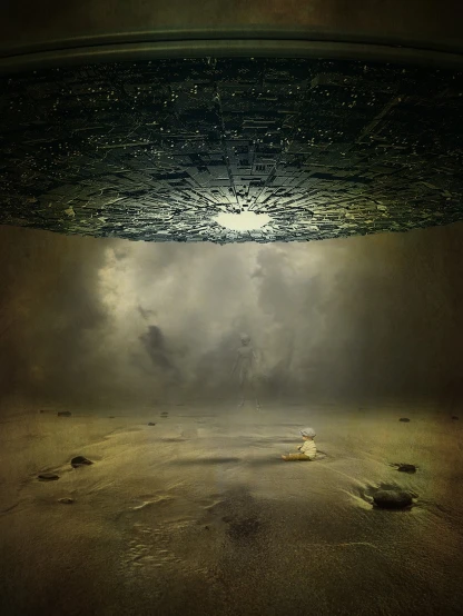 a large alien spaceship flying through a cloudy sky, a surrealist painting, by John Alexander, surrealism, cavern ceiling visible, universe in a grain of sand, surreal photo, light casting onto the ground
