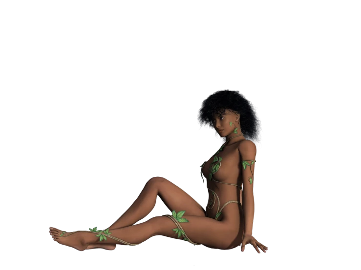 a woman in a bikini sitting on the ground, a 3D render, inspired by Leonor Fini, ( ( dark skin ) ), ivy, full body concept, gogo dancer