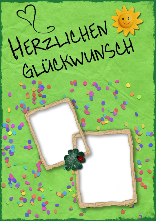 a couple of pictures sitting on top of a green piece of paper, an album cover, inspired by Bernd Fasching, flickr, background full of lucky clovers, [ digital art ]!!, hermann hendrich, happy birthday