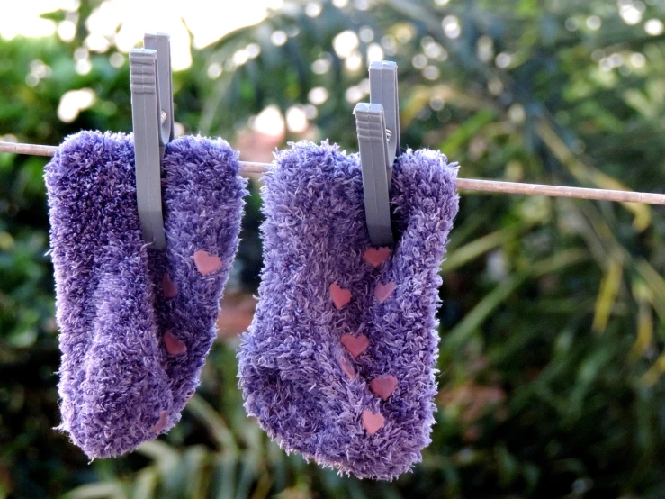 a pair of socks hanging on a clothes line, by Anna Haifisch, purple fur, towels, cloth accessories, children's