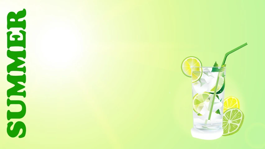 a glass of lemonade sitting on top of a table, an illustration of, sunny day background, gradient light green, whole page illustration, water reflecting suns light