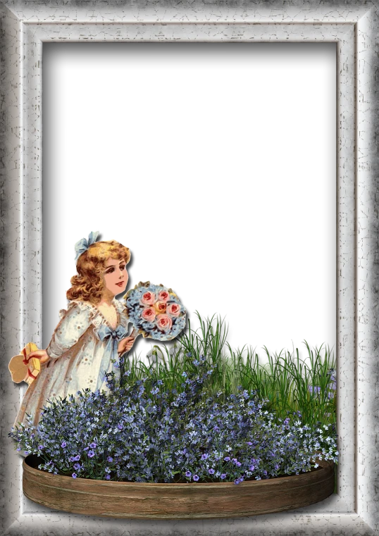 a picture of a little girl holding a bunch of flowers, a picture, art nouveau, garden background, vintage frame window, the background is black, blue flower field