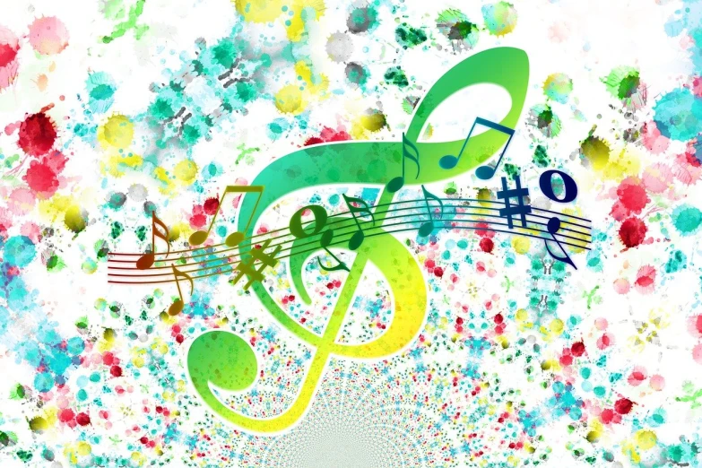 a close up of a musical note on a colorful background, inspired by Girolamo Muziano, trending on pixabay, analytical art, on white background, background image, colorful mold, green tone