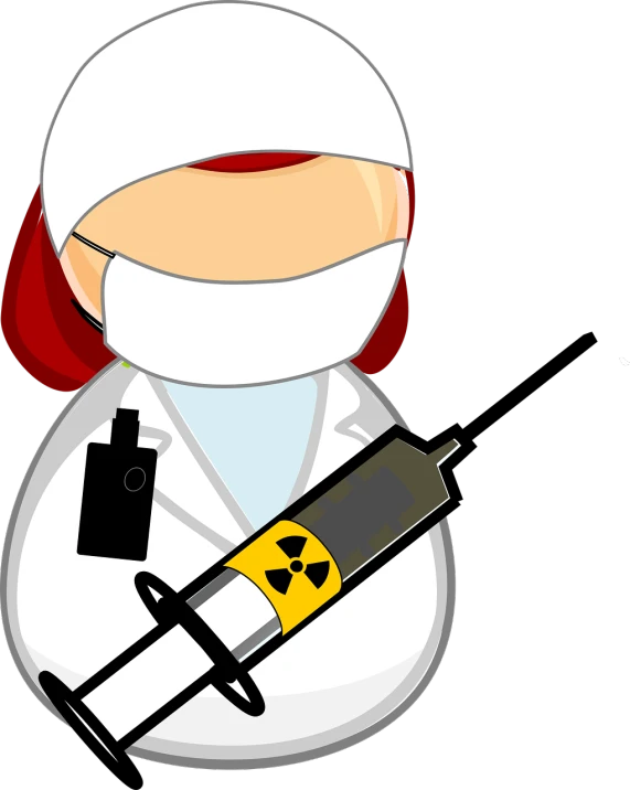 a woman in a white lab coat holding a syssor, inspired by Doc Hammer, pixabay, nuclear art, on a flat color black background, female spy, syringe, full color illustration