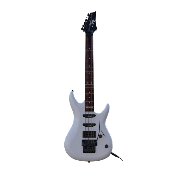 a white electric guitar on a black background, a 3D render, polycount contest winner, conceptual art, high detail product photo, dream theater, high resolution product photo, real guitars hanging on the wall