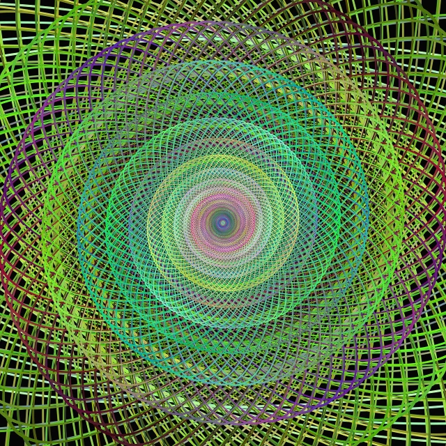 a computer generated image of a green and purple spiral, an abstract drawing, by Daniel Chodowiecki, string art, circle eyes, grid, digital art - w 640
