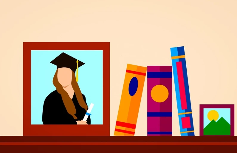 a shelf with books and a picture of a graduate, an illustration of, high contrast illustration, full res, group photo, one person in frame