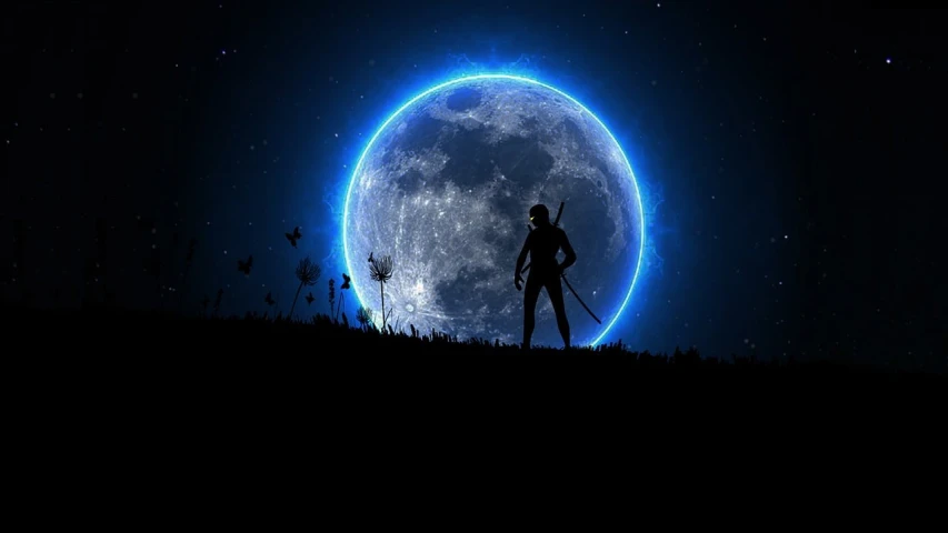 a man with a sword standing in front of a full moon, concept art, pixabay contest winner, blue bioluminescence, from final fantasy xiii, made in maya and photoshop, full frame shot