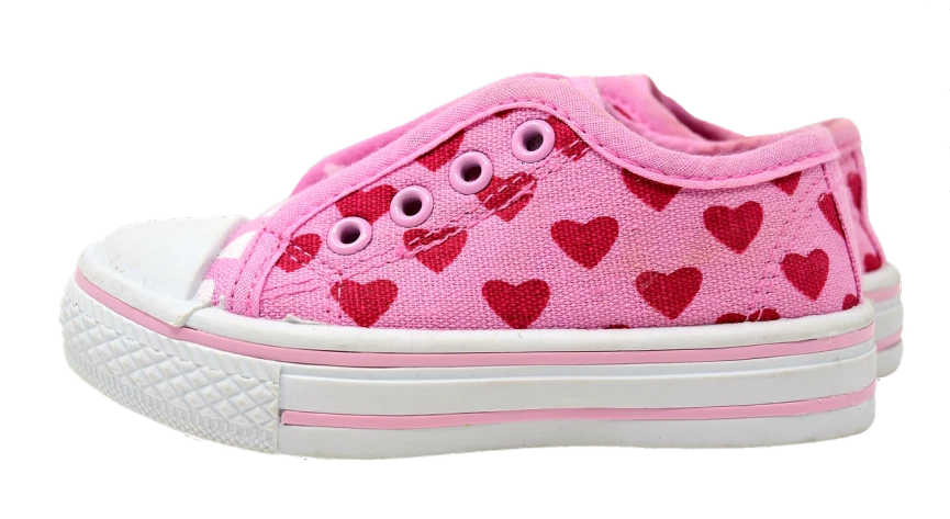 a pair of pink sneakers with hearts on them, inspired by Peter Alexander Hay, pixabay, side-view. highly detailed, 4yr old, clothing photography, tony roberts