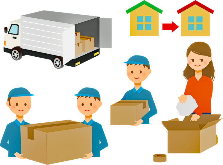 a couple of people that are holding boxes, a digital rendering, by Odhise Paskali, trending on pixabay, as well as the handyboy, light transport, wikihow illustration, on black background