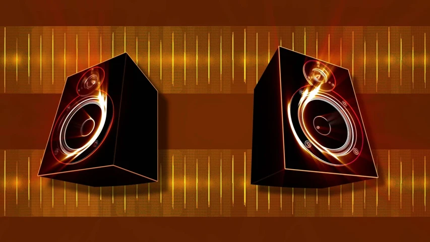 a couple of speakers sitting next to each other, by Elias Ravanetti, digital art, fire theme, gold and black color scheme, cube portals, dj