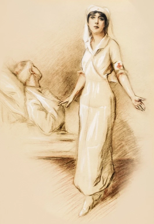 a drawing of a nurse talking to a patient, a portrait, by Flora Macdonald Reid, fine art, jeffrey catherine jones pose, wearing white pajamas, full view with focus on subject, the dress\'s lower