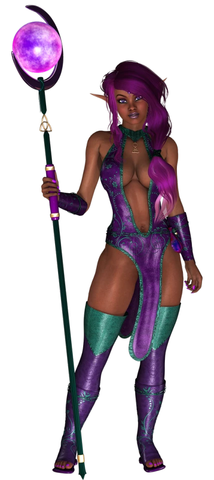 a woman in a purple and green outfit holding a wand, inspired by Daphne Allen, zbrush central contest winner, lascivious pose, wakanda, maya ali as a cyber sorceress, mk ninja