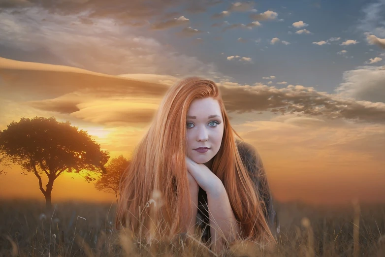 a woman with long red hair sitting in a field, an airbrush painting, trending on pixabay, looking off into the sunset, hyperrealistic teen, with a white complexion, retouched in photoshop