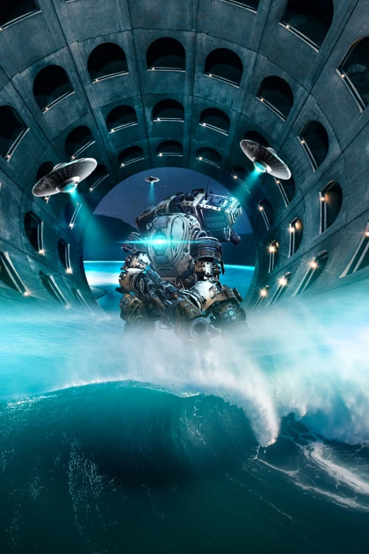 a group of people riding a wave on top of a boat, digital art, inspired by Stephan Martinière, digital art, real steel, 4k vertical wallpaper, with futuristic gear and helmet, album is called tripmachine