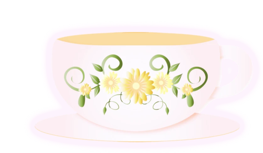 a cup filled with yellow flowers sitting on top of a saucer, a pastel, inspired by Masamitsu Ōta, flickr, no gradients, light pink tonalities, daisy, smooth curvilinear design