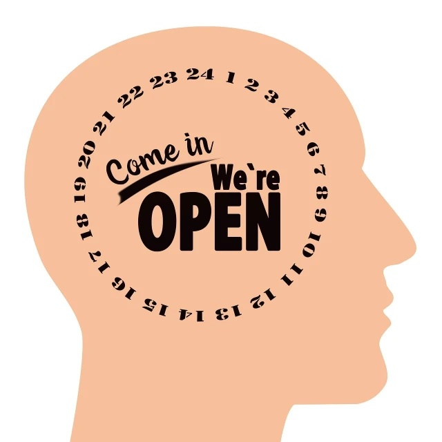 a man's head with the words come in we're open on it, an illustration of, illustration”, graphic illustration, official store photo, who can open the mind