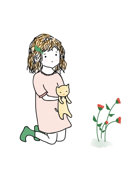 a drawing of a little girl holding a teddy bear, by Naka Bokunen, naive art, attractive cat girl, picking up a flower, flat color and line, rose twining