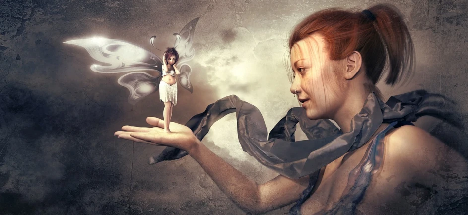 a woman holding a toothbrush in her hand, digital art, inspired by Anna Füssli, pixabay contest winner, fantasy art, fairies have wings, woman holding another woman, doll in hand, transformation scene