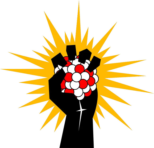 a hand holding a bunch of red and white balls, inspired by Irvin Bomb, nuclear art, propaganda logo, black and yellow and red scheme, powers, emblem