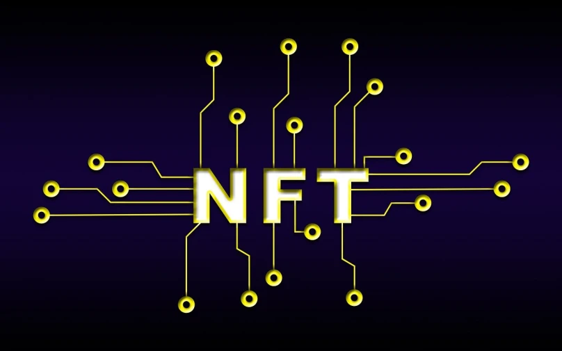 a computer circuit with the word nft on it, concept art, by Nicholas Marsicano, shutterstock, neo-figurative, on a flat color black background, face made of notation, platforms, logo without text