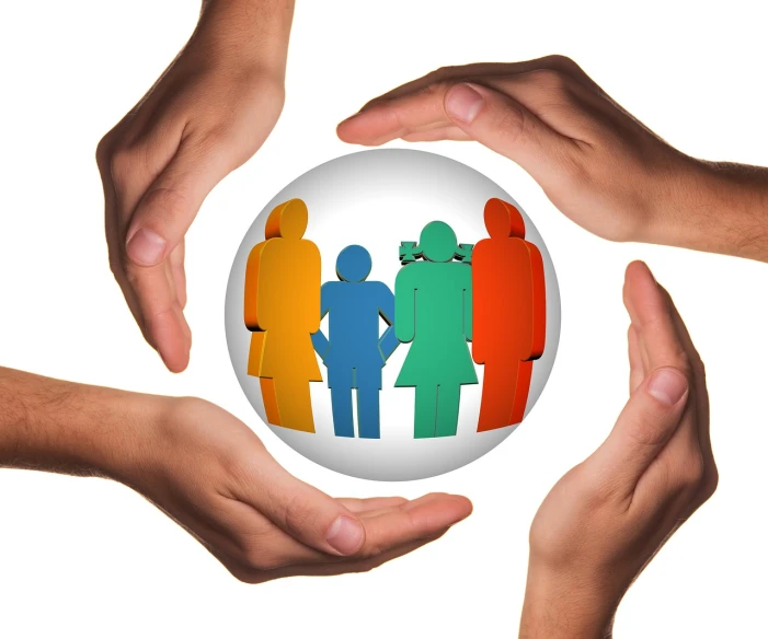 a group of people holding hands in a circle, a digital rendering, by Mirko Rački, pixabay, holding a shield, family friendly, selling insurance, bump in form of hand