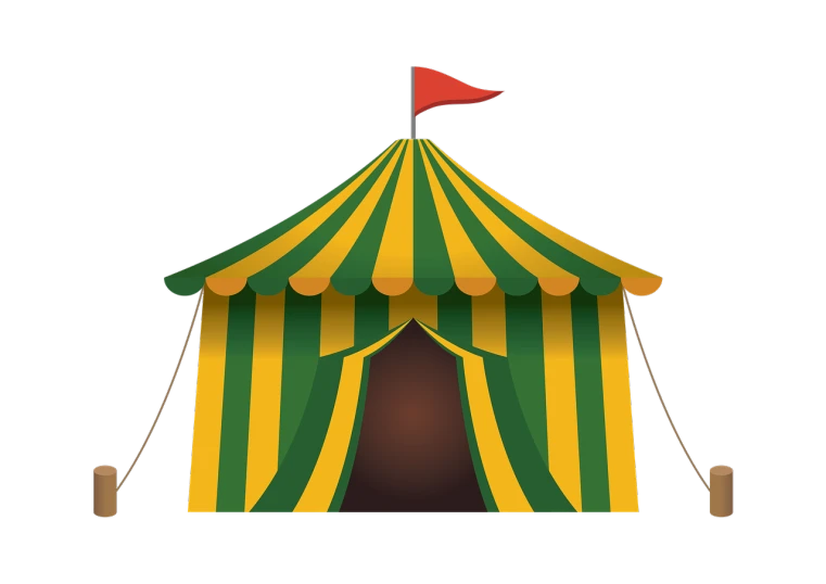 a tent with a flag on top of it, inspired by The Family Circus, renaissance, on a flat color black background, green and gold, clown, rounded roof