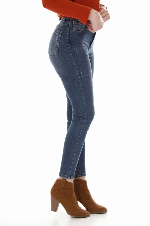 a woman in a red shirt and blue jeans, a digital rendering, leg and hip shot, photo of slim girl model, high detail product photo, side view profile centered