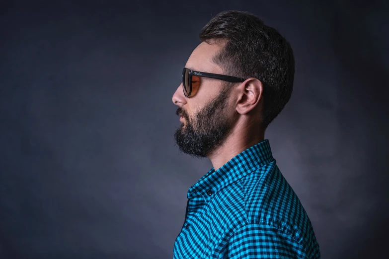 a man with a beard wearing sunglasses and a checkered shirt, a character portrait, by Kazimierz Wojniakowski, shutterstock, elegant profile posing, high detail portrait photo, professional product photography, 2d side view