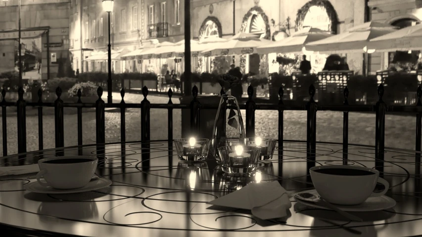 a couple of cups of coffee sitting on top of a table, an ambient occlusion render, inspired by Grzegorz Domaradzki, candlelit restaurant table, photorealistic streetscape, raytraced reflections, black and white matte painting