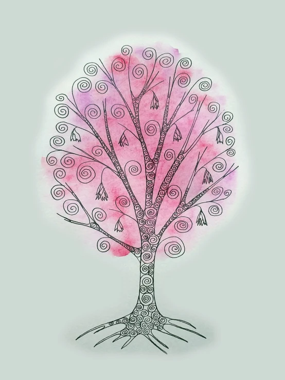 a drawing of a tree with swirly branches, a digital rendering, inspired by Hirosada II, art nouveau, bubblegum, silver, watercolor and ink, cherry-blossom-tree
