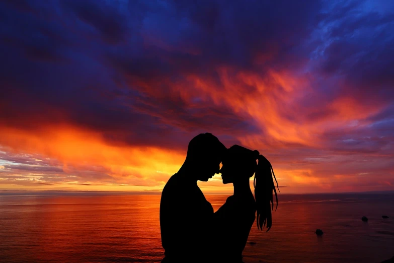 a silhouette of a man and a woman in front of a sunset, a picture, kissing together cutely, brilliantly colored, cliffside, hziulquoigmnzhah