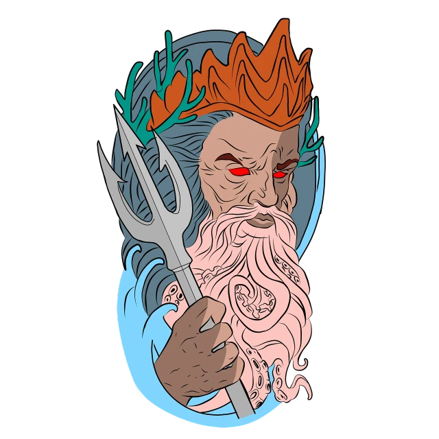a drawing of a man with a sword in his hand, vector art, sots art, the god poseidon, on a flat color black background, ursula the sea witch, man with a crown