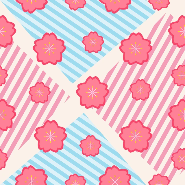 a pattern of pink flowers on a blue and white striped background, a picture, inspired by Katsushika Ōi, sōsaku hanga, patchwork-streak style, sakura bloomimg, red and magenta flowers, on simple background