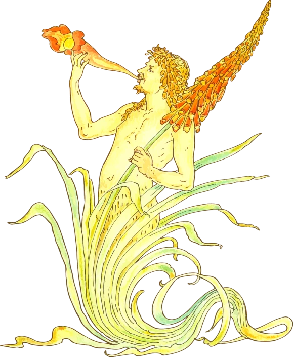 a painting of a woman sitting on top of a wave, an art deco painting, inspired by Eugène Grasset, pixabay, art nouveau, huge flame fantasy plant, a boy made out of gold, with fiery golden wings of flame, detail