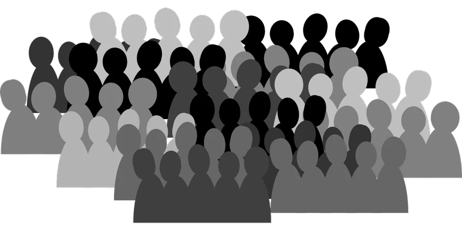 a group of people are silhouetted against a black background, a cartoon, pixabay, gray color, groups of people, jury, gradient black to silver