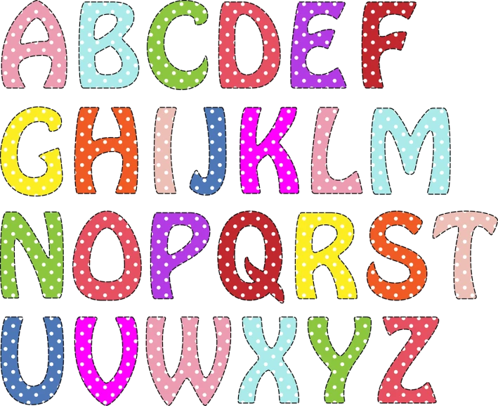 a colorful polka dot alphabet on a black background, pixabay, letterism, 💋 💄 👠 👗, high detail!!, fuzzy, cutest