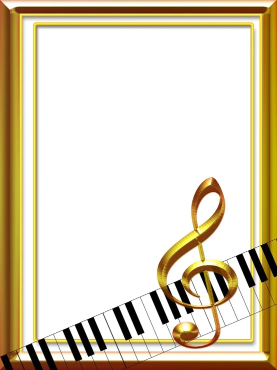 a golden treble sitting on top of a piano keyboard, an album cover, computer art, frame, background is white and blank, invitation card, amber