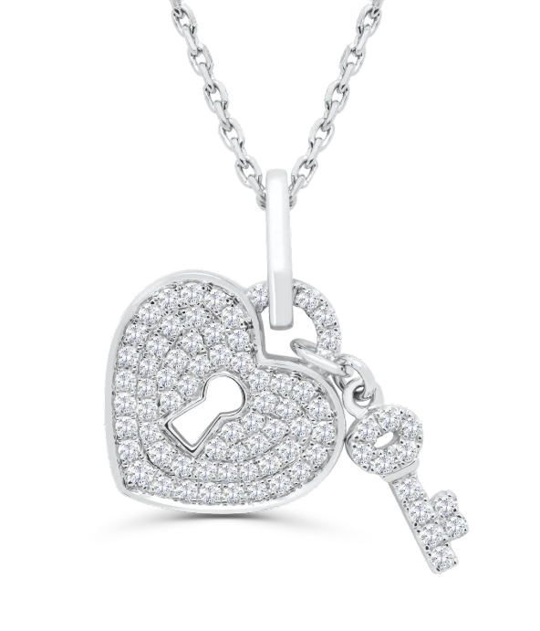 a heart shaped pendant with a key on a chain, inspired by Jan Kupecký, platinum, majestic”, diamond skin, high detail product photo