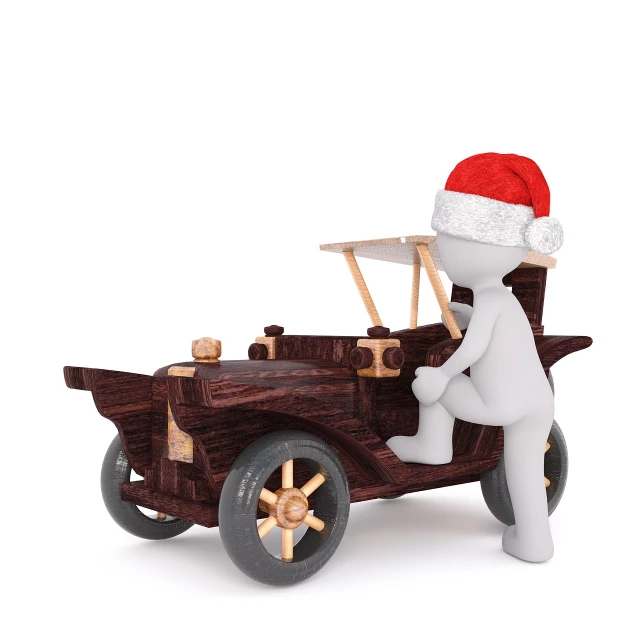 a person in a santa hat sitting in a toy car, concept art, wooden, 3d-render, high res photo