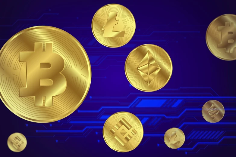 a bunch of gold bitcoins on a blue background, an illustration of, digital art, cryptocurrency in the background, exchange logo, lowres, background image