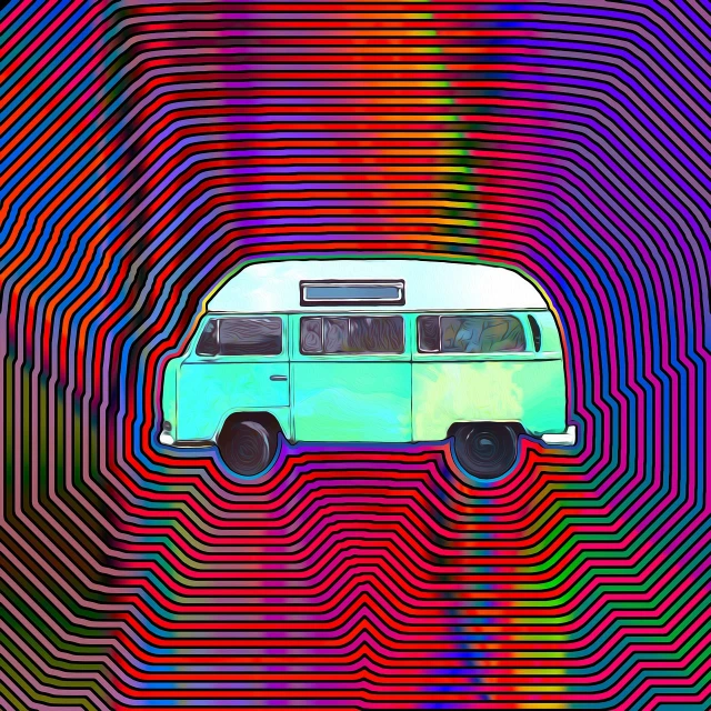 a van that is sitting in the middle of a tunnel, a digital rendering, unsplash, psychedelic art, campy color scheme, lsd ripples, microbus, name is tripmachine