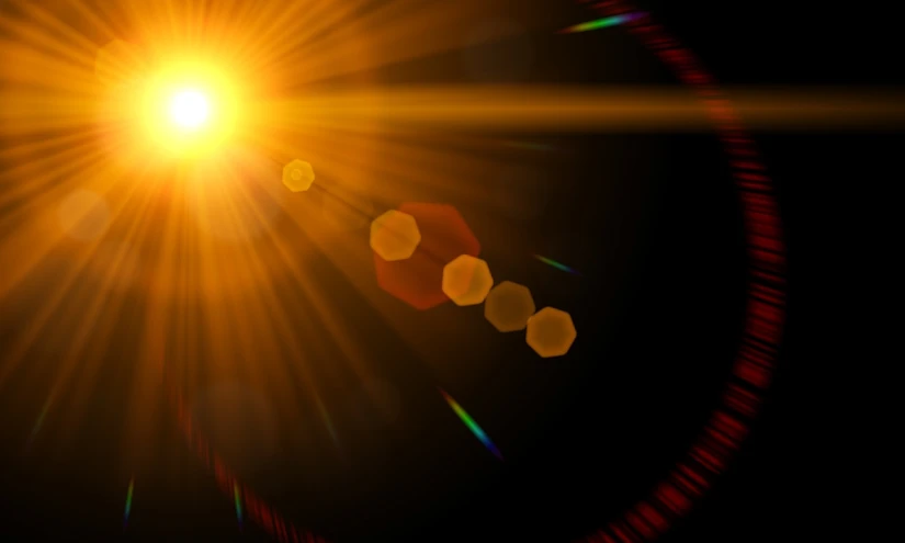 a bright sun shines brightly on a black background, a picture, by Aleksander Gierymski, pexels, digital art, warm golden backlit, created in adobe illustrator, flares anamorphic, screengrab