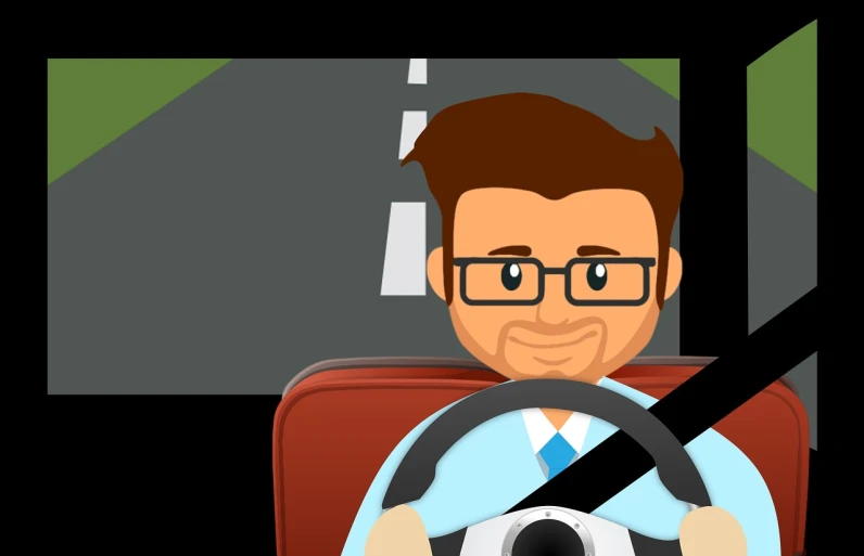 a man driving a car with a steering wheel, vector art, by Adam Manyoki, shutterstock, digital art, man with glasses, corporate animation style, close establishing shot, tourist photo