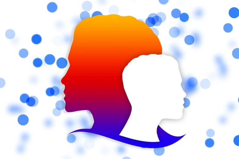 a silhouette of a man and a woman with circles in the background, a picture, digital art, orange and blue colors, headshot profile picture, family friendly, children