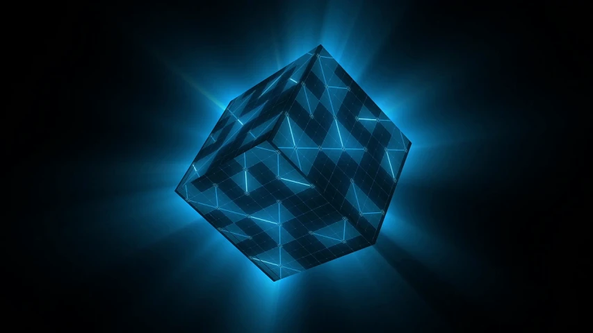 a glowing blue cube on a black background, digital art, by Aleksander Gierymski, trending on polycount, cubo-futurism, montage of grid shapes, holographic runes, best on adobe stock, concept illustration